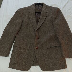 Warren Sewell Mens Herringbone Tweed Wool Blazer Sz 42 Brown VTG Leather Buttons